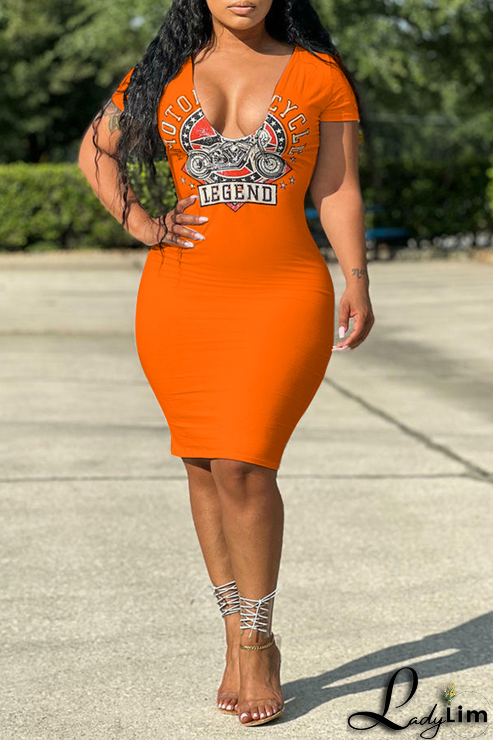 Tangerine Red Fashion Print Patchwork V Neck Pencil Skirt Dresses