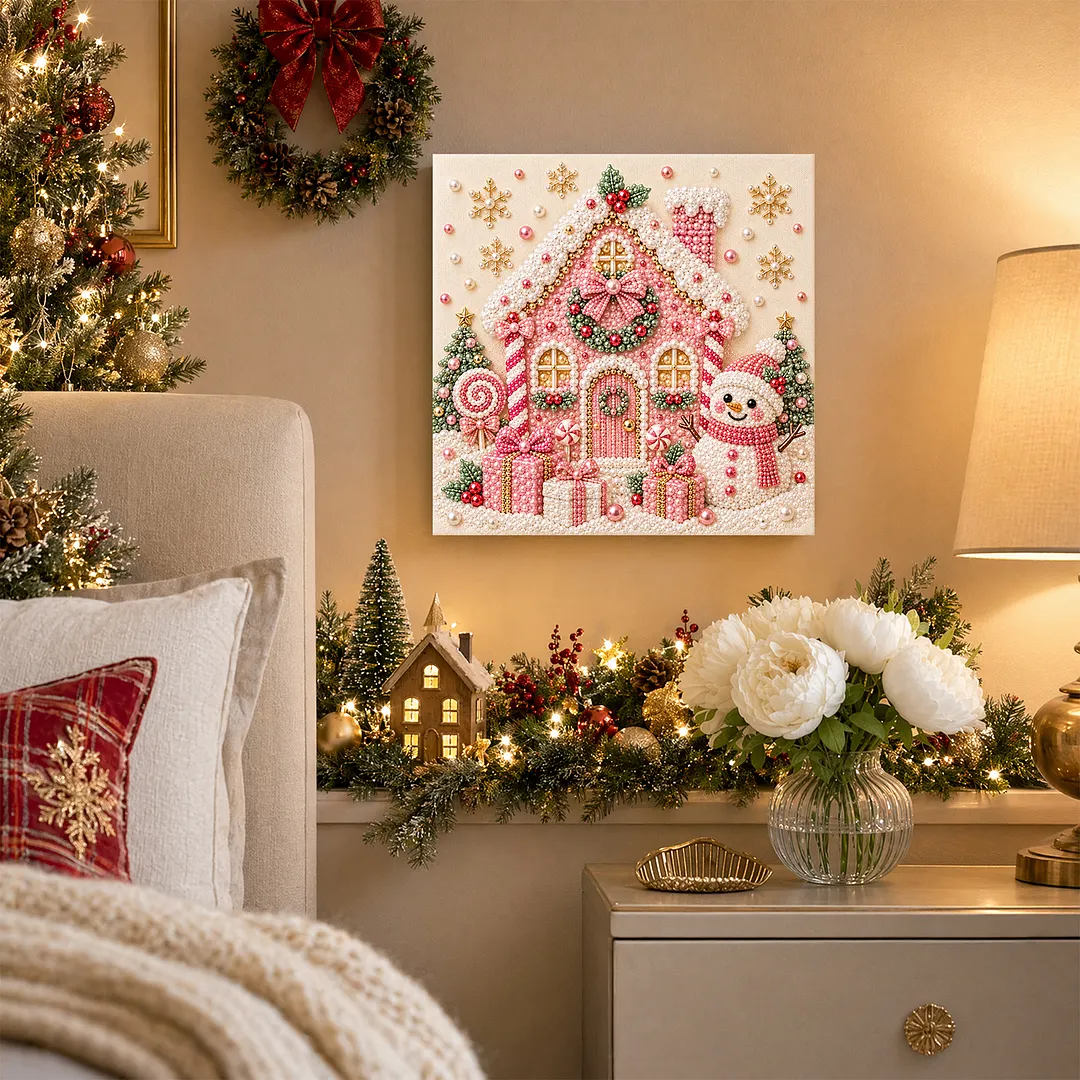 Framed Pearl Painting Kit Christmas Snowman Cottage 7.87x7.87in