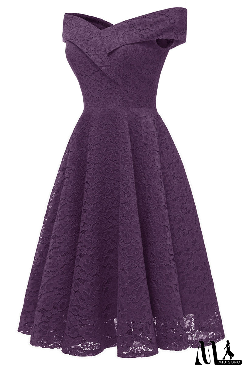 MidiSono - Purple Off-the-shoulder Lace Midi Prom Dress