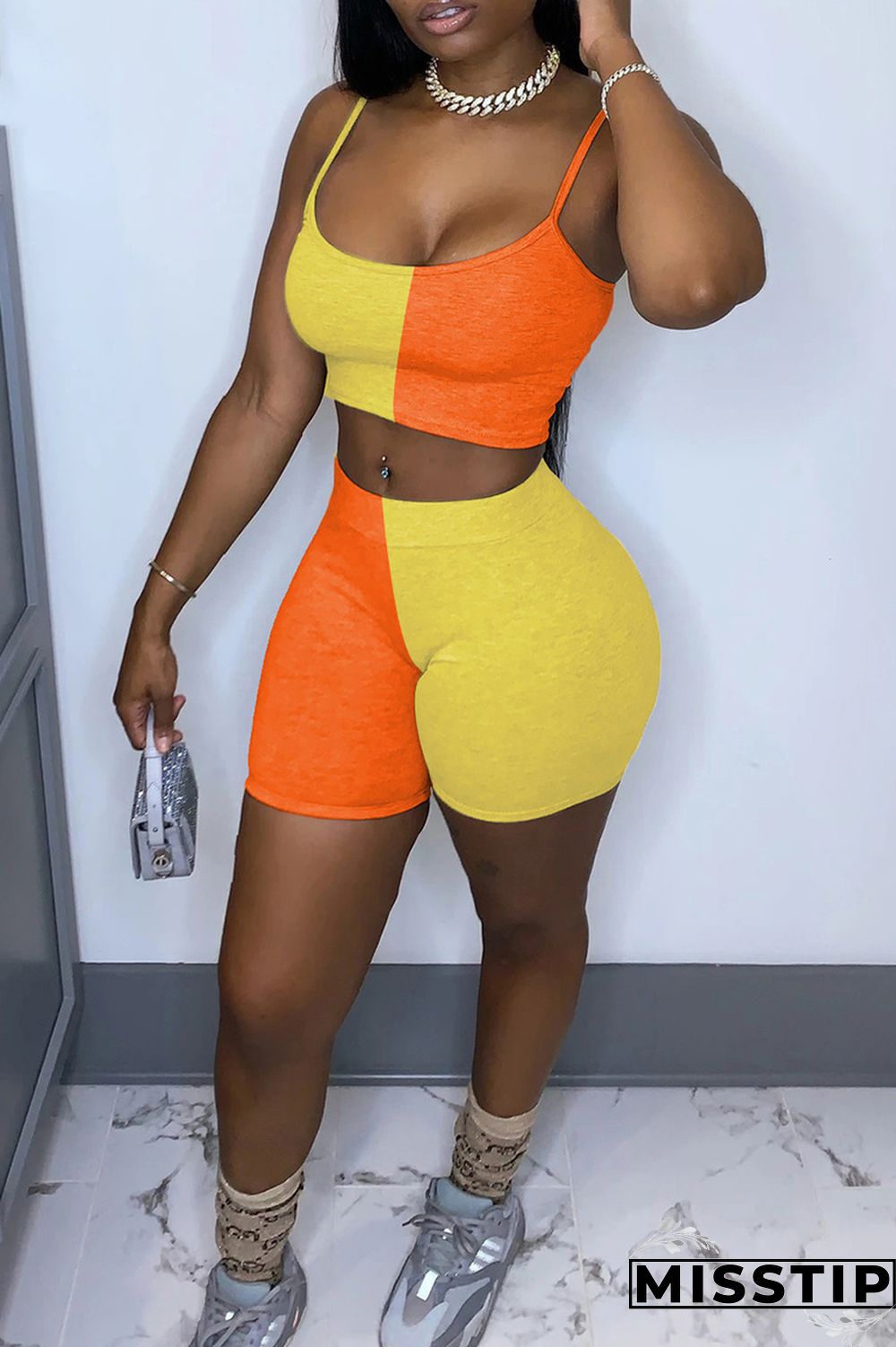 Orange Yellow Sexy Casual Patchwork Backless Spaghetti Strap Sleeveless Two Pieces