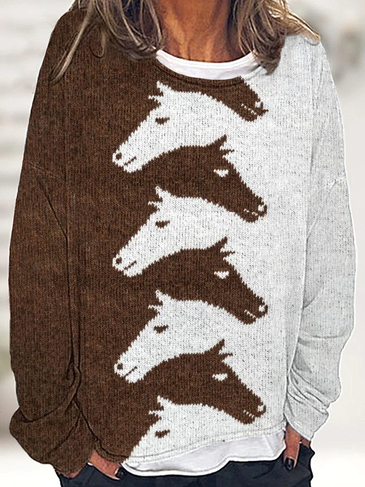 VChics Western Horses Knit Art Print Casual Cozy Sweatshirt