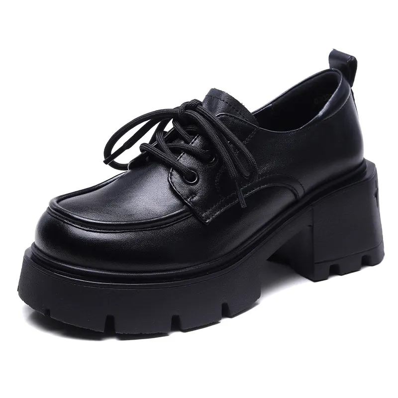 Yyvonne Single Shoe Thick Sole High Heel Year New Leather English Wind Small Leather Shoes Pedalle Shoes