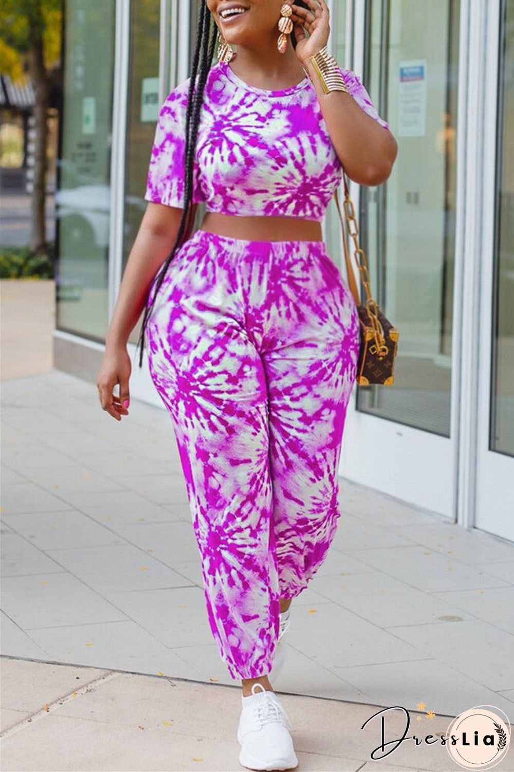 Fashion Casual Tie Dye Printing O Neck Short Sleeve Two Pieces