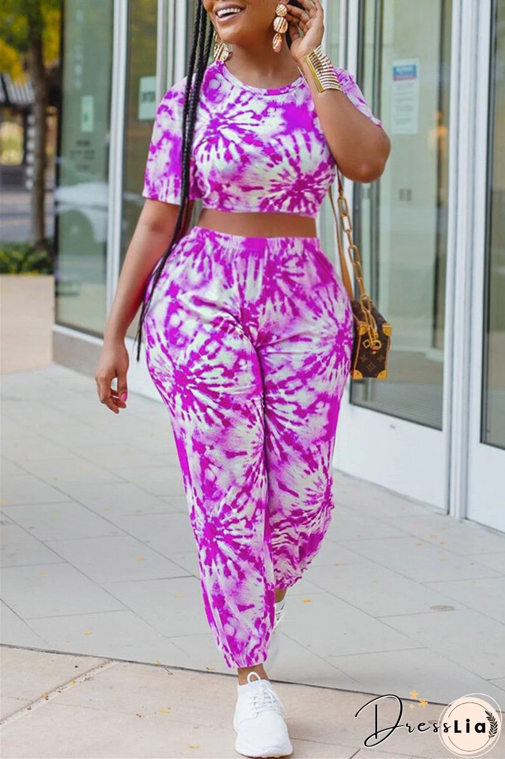 Fashion Casual Tie Dye Printing O Neck Short Sleeve Two Pieces