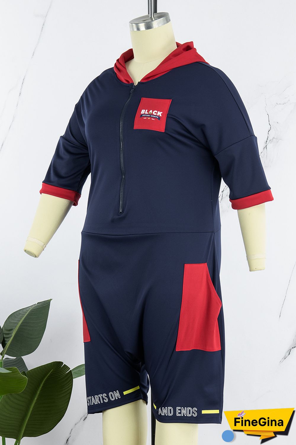 Blue Red Casual Print Patchwork Contrast Hooded Collar Plus Size Romper