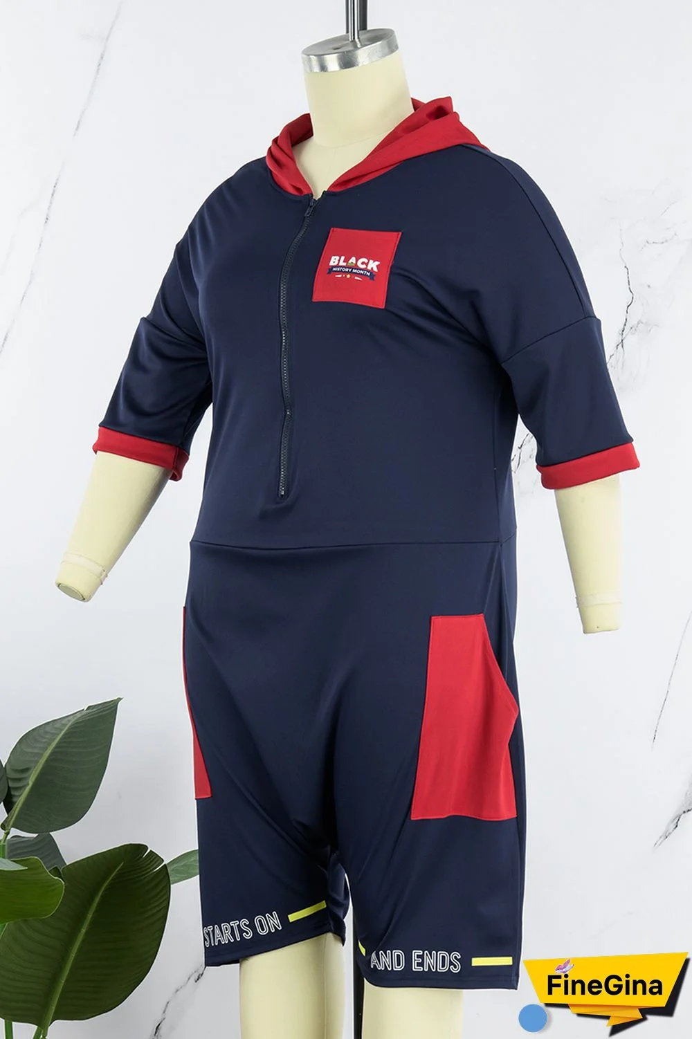 Blue Red Casual Print Patchwork Contrast Hooded Collar Plus Size Romper