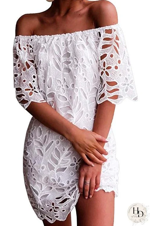 Meridress Off Shoulder Hollow Out Lace Shift Dress