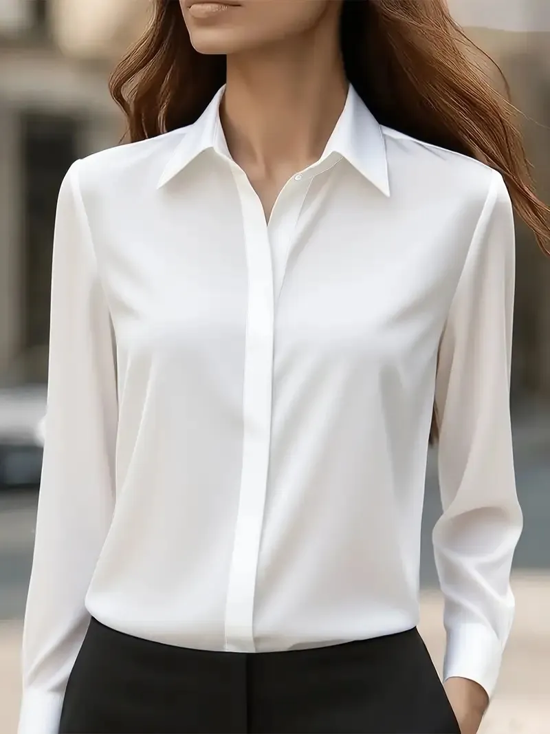 Satin Button-Down Long Sleeve Blouse