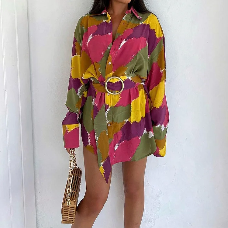 Women's Tie Dye Print Loose Bohemian Lapel Resort Shirt Mini Dress