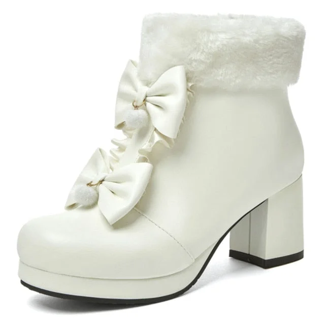 Black/Pink/White Warm Plush Sweet Winter Boots Cute Bowknot Platform High Heels BE507