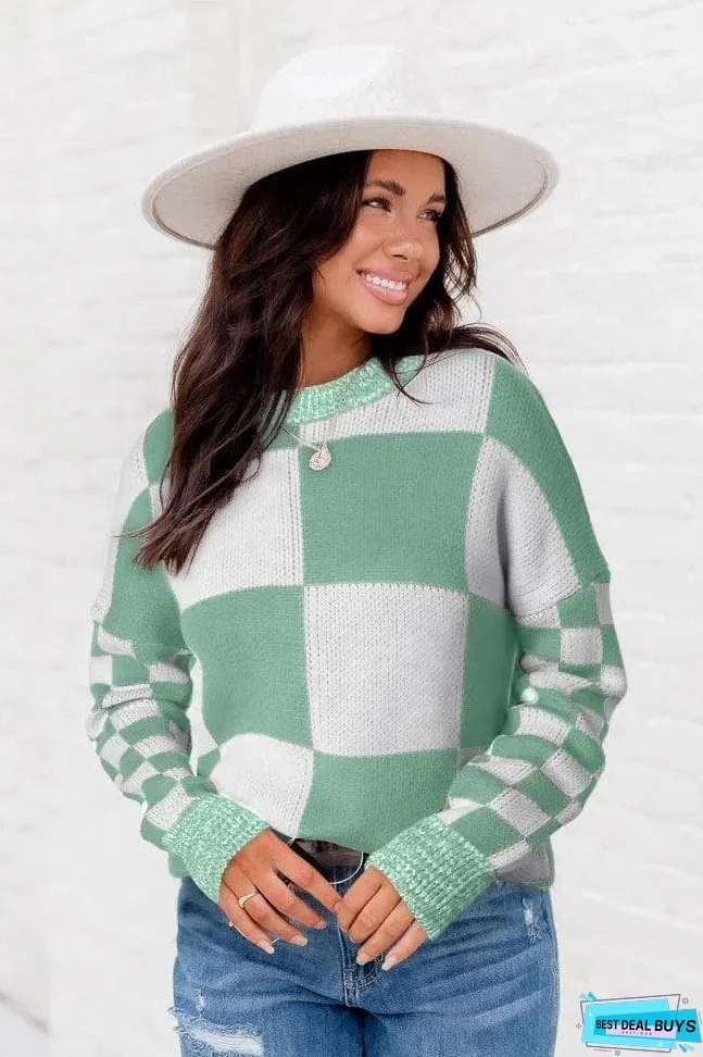 Mint Green Checkered Print Drop Shoulder Sweater
