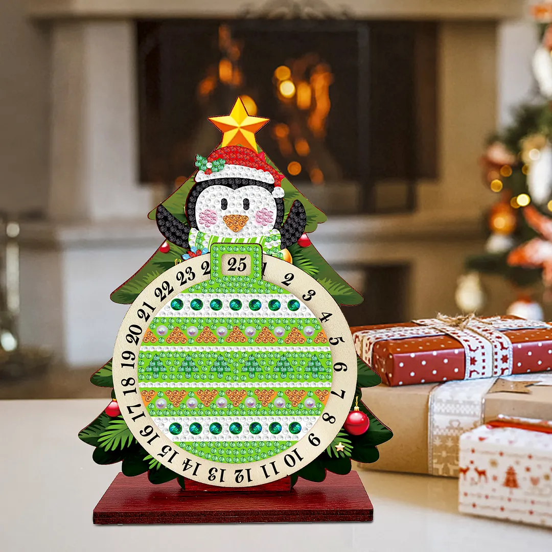 Penguin DIY Christmas Countdown Diamond Painting Tabletop Ornaments Kit 25 Days Crystal Art Craft Decoration Wooden for Living Room Home Office Decoration