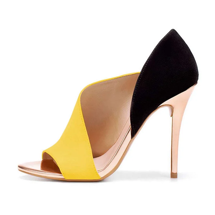 Yellow and Black Open Toe Cut Out Stiletto Heels Pumps |FSJ Shoes