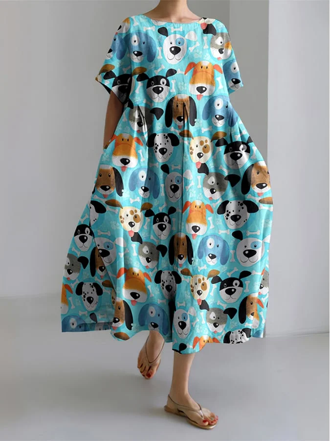 Women'S Funny Dog ​​Print Short Sleeve Linen Blend Midi Dress
