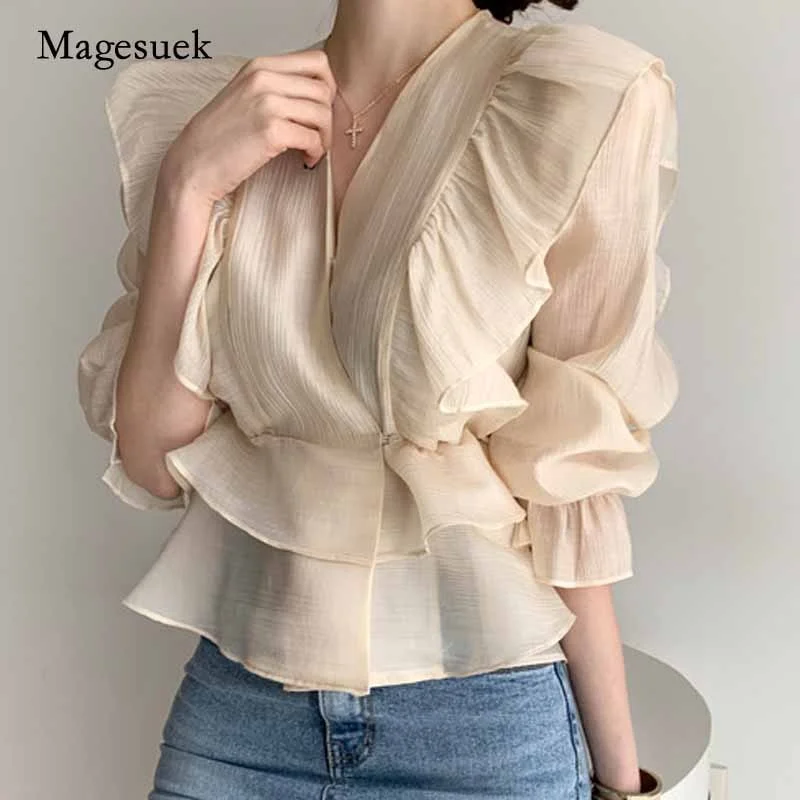 Huiketi Vintage Chiffon Blouse Women 2023 New Puff Sleeve Ruffles V-neck Shirt Women Silm Casual Womens Blouses Tops Mujer 10334