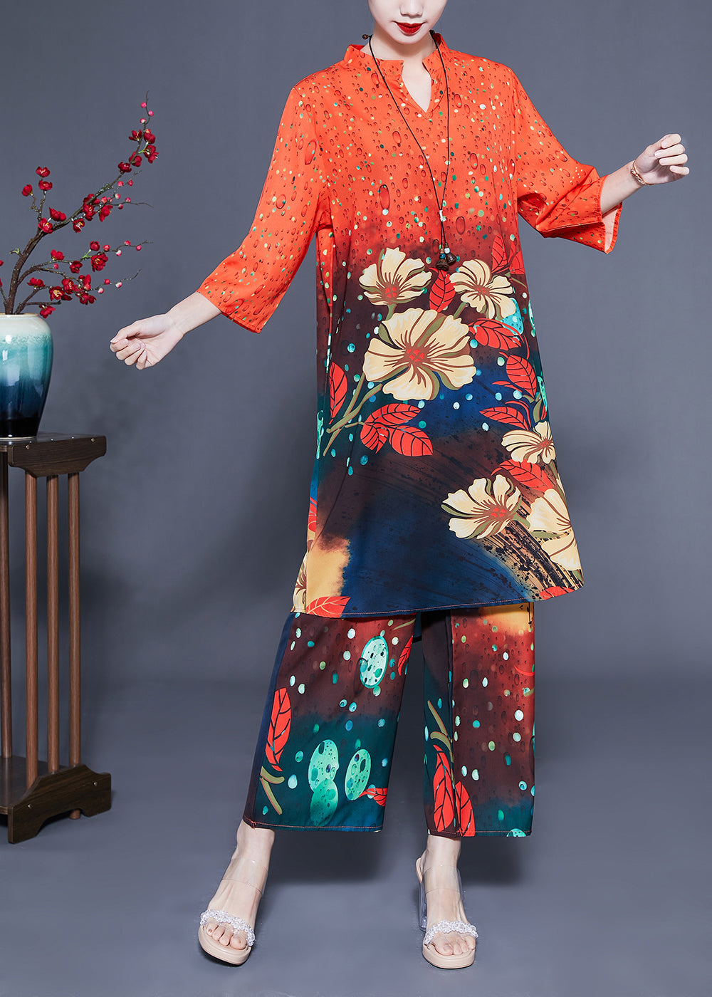 VCSHOES Orange Stand Collar Oversized Print Silk Two-Piece Set Bracelet Sleeve