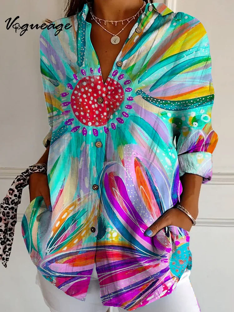 Colorful Bright Painting Flowers Long Sleeves Printed Cotton And Linen Shirt
