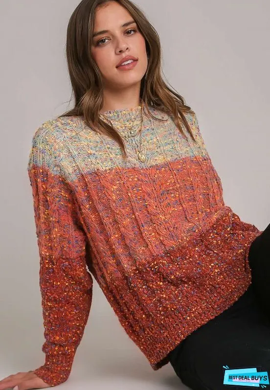 Cable-Knit Color Block Round Neck Long Sleeve Sweater