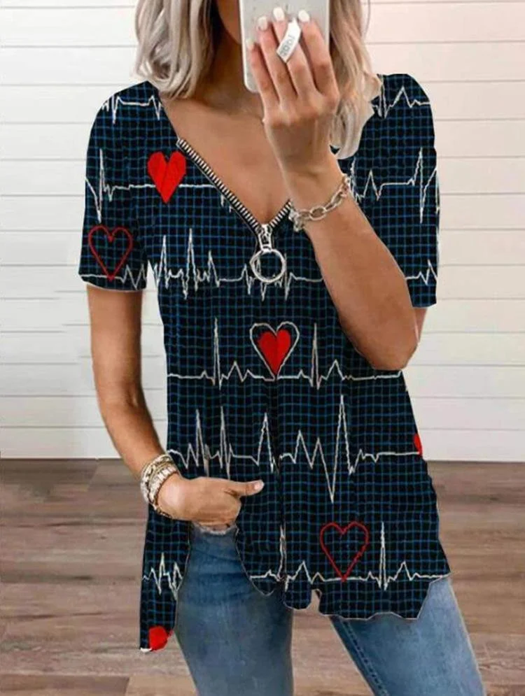 Women's Short Sleeve V-neck Printed Tops