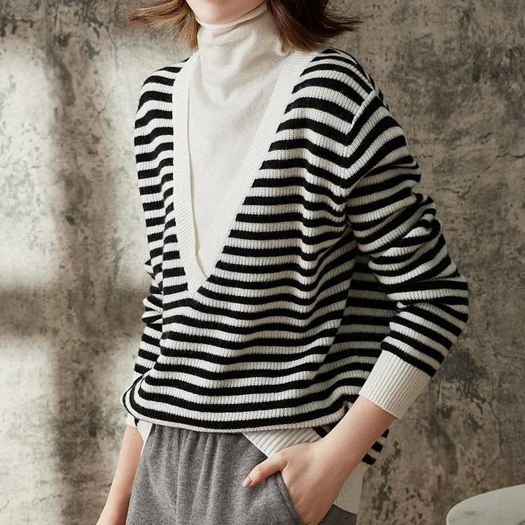 Stripes Vintage Long Sleeve Paneled Sweater QueenFunky
