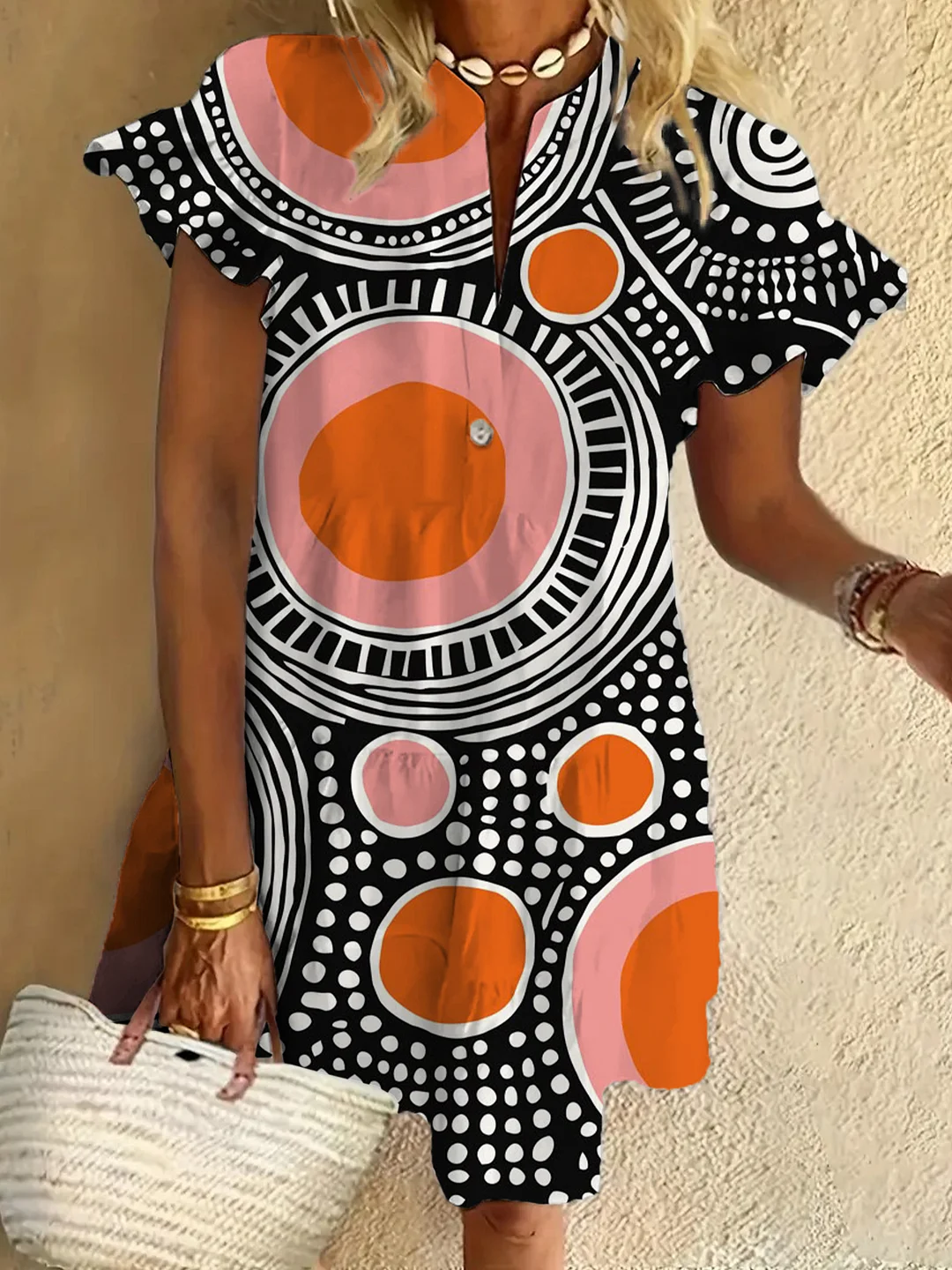 Geometry Floral Print Ruffled Short-sleeved V-neck Buttoned Dress Vacation Beach Dress