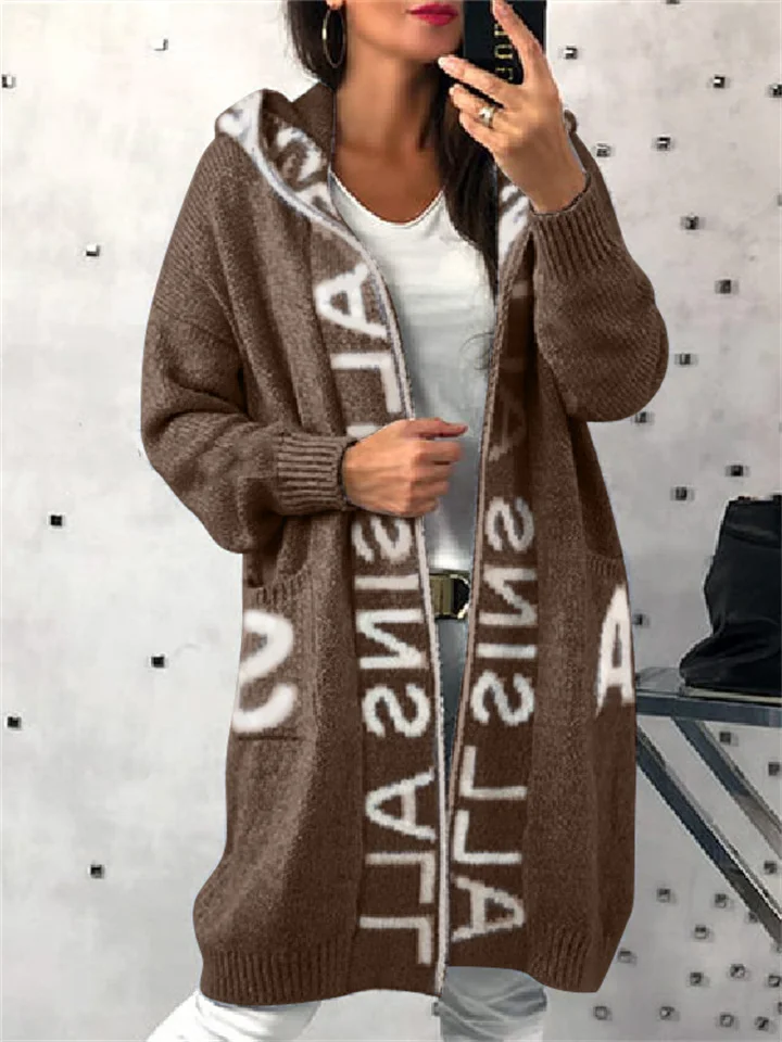 Autumn and Winter New Cardigan Hooded Knit Women's Letters Numbers Text Sweater Jacket Cardigan Knit ALLSINA | 168DEAL