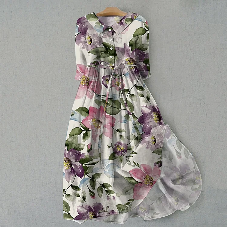Utbros Elegant Floral Design Print Lace-up Casual Midi Dress