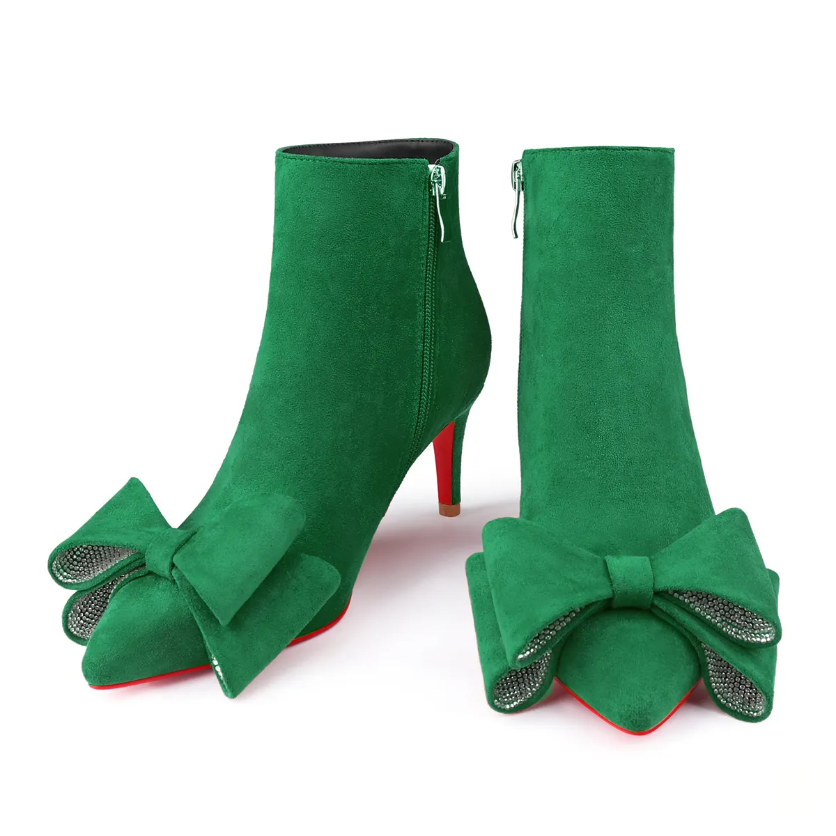 60mm Women's Pointed Toe Bow Rhinestone Ankle Boots Kitten Heel Single Strap Red Bottom Suede Booties-vocosishoes