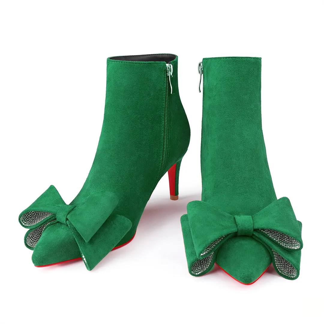 60mm Women's Pointed Toe Bow Rhinestone Ankle Boots Kitten Heel Single Strap Red Bottom Suede Booties-vocosishoes