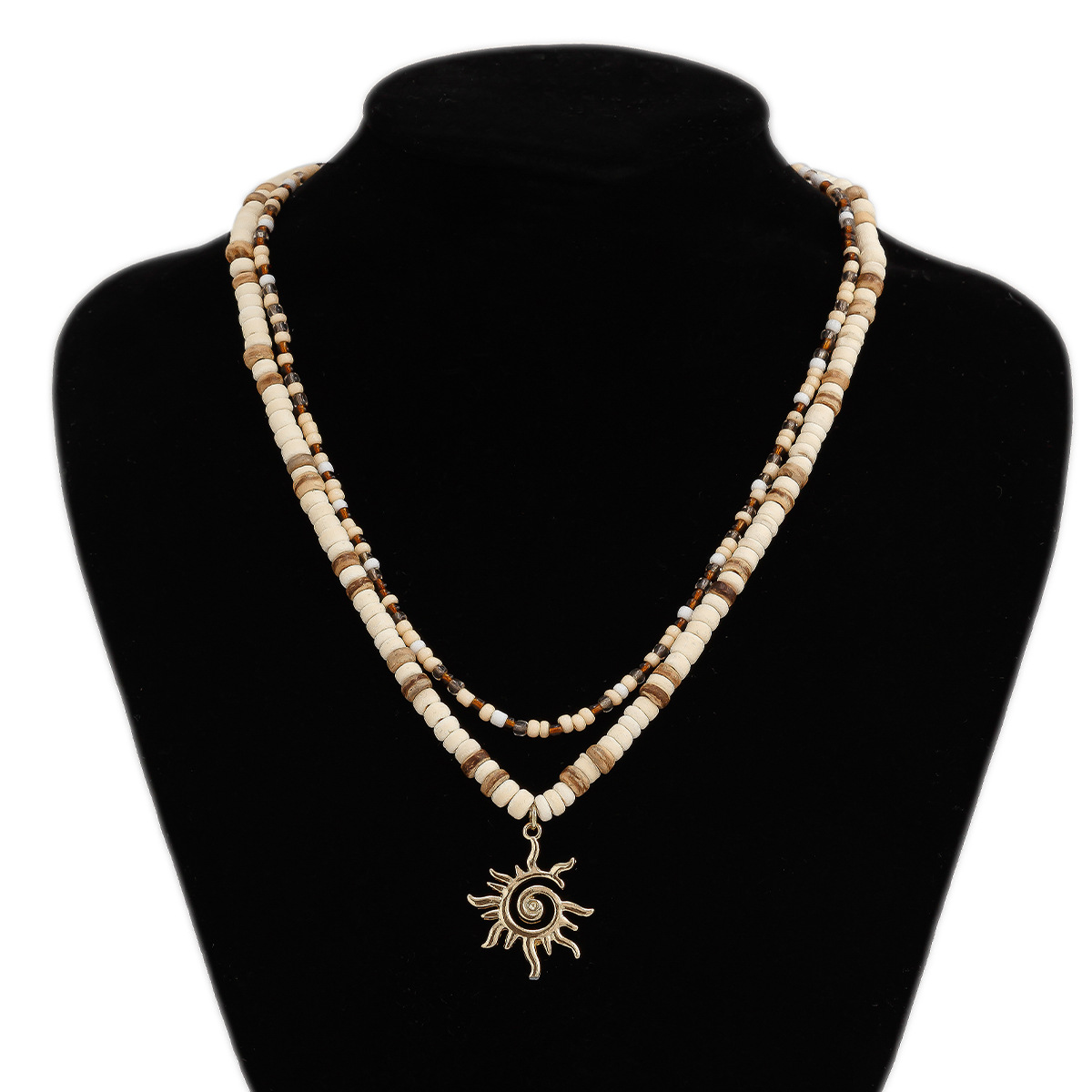 Coconut Shell Beaded Sun Pendant Necklace