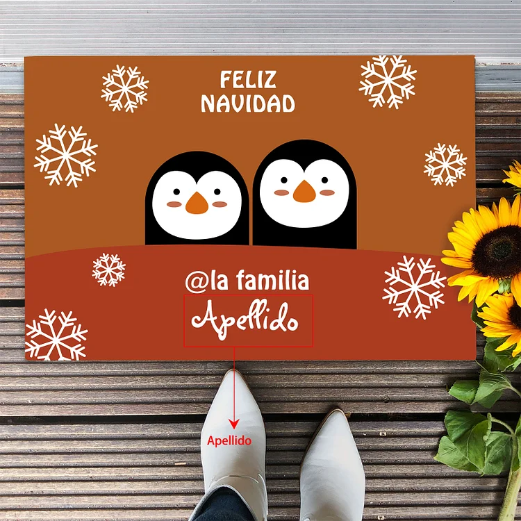 Navidad-felpudo/alfombra de entrada familia de pingüinos personalizado con apellido