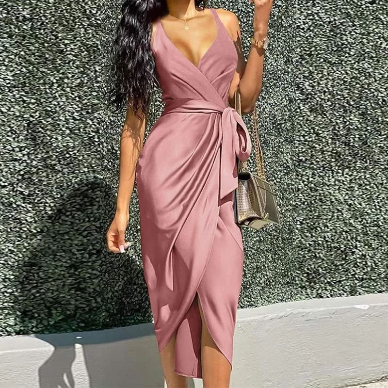 ZANZEA Women Sexy Straps Deep V Neck Dress 2022 Elegant Summer Solid Satin Midi Sundress Casual Lace Up Party Vestido Sarafans 7