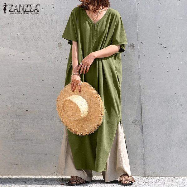 ZANZEA Women Casual Solid Holiday Kaftan Long Shirt Dress Summer Short Sleeve Slit Hem V Neck Maxi Sundress - BlackFridayBuys