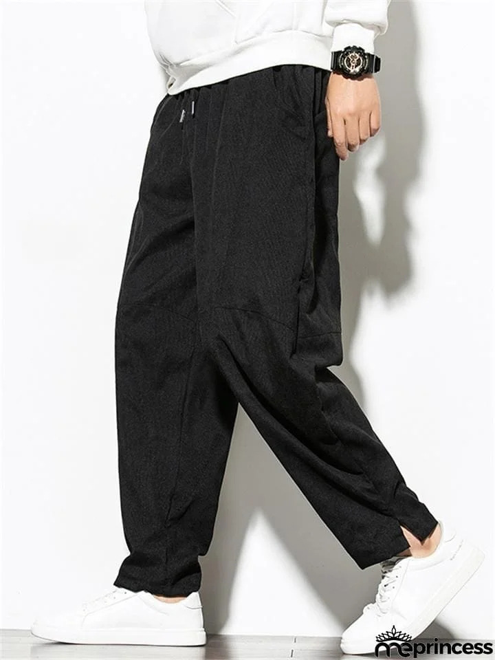 Mens Corduroy Elastic Waist Drawstring Loose Harem Pants
