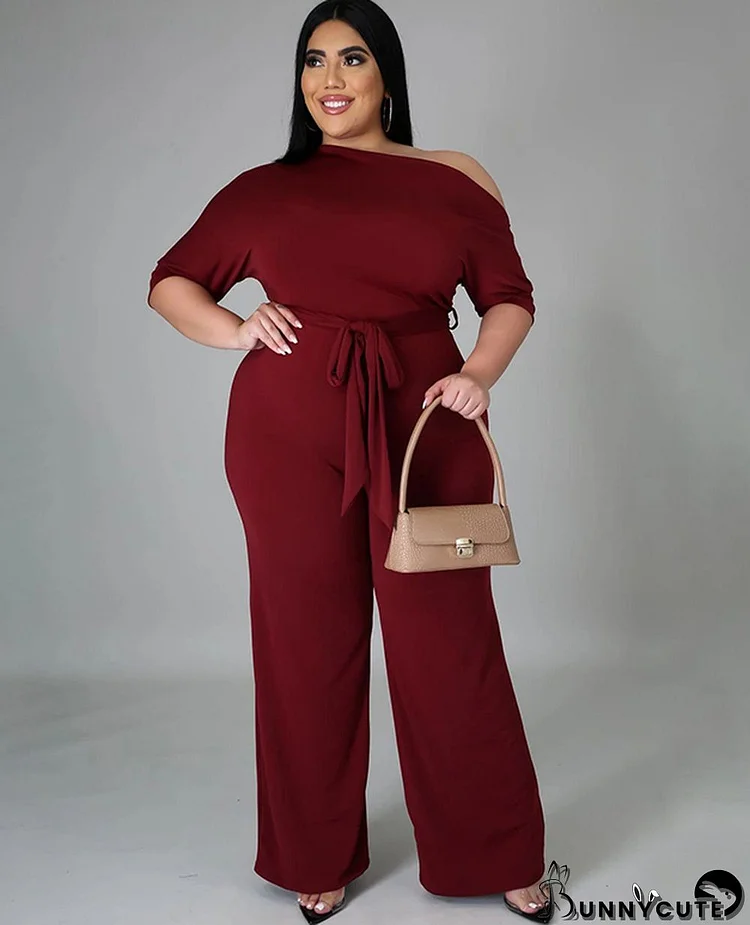 Plus Size Solid Plain Slash Shoulder Formal Jumpsuit