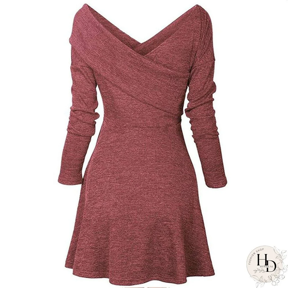 Women's Fashion Long Sleeve Knitted Sweater Pullover Swing Solid Slim Fit Wrap Midi Dress