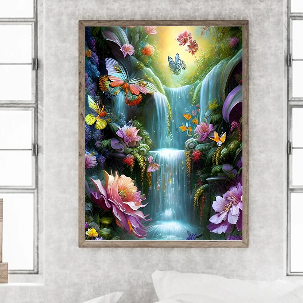 Diamond Painting - Full Round Drill - Flower Butterfly Waterfall(30*40cm)