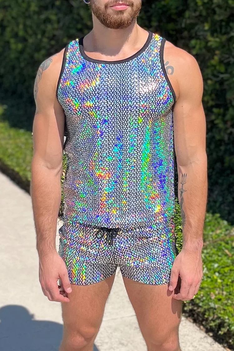 Laser Metallic Coated All Over Print Tank Top Shorts Silver Two Piece Set