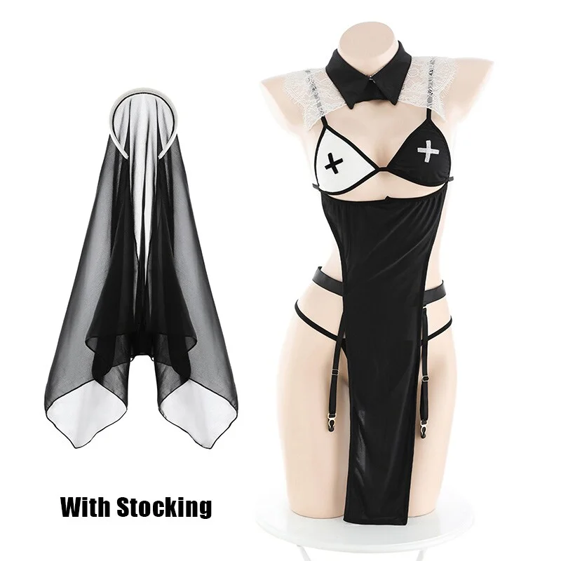 Billionm OJBK Women Lingerie Dress Nun Cosplay Costume Sexy Transparent Cheongsam Dress Deep V Neck Erotic Nightdress Outfit Maid Uniform