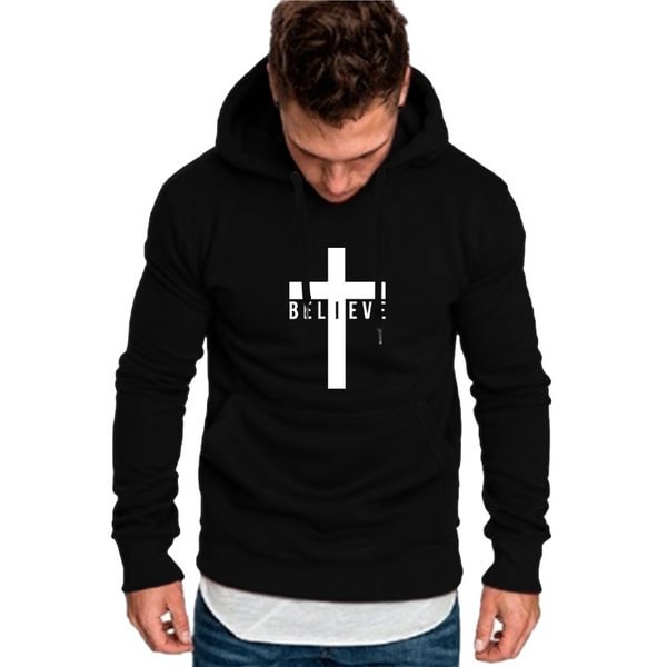 I Believe In God Christian Men's Fashion Hoodies Cross Print Black White Jesus Tops Pullover - Shop Trendy Women's Fashion | TeeYours