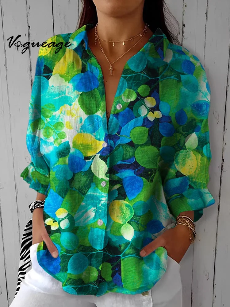 Fashionable And Bright Intellectual Leaves Printed Cotton And Linen Shirt