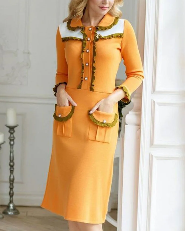 Knitted Dress With Textured Ruffles And Patch Pockets