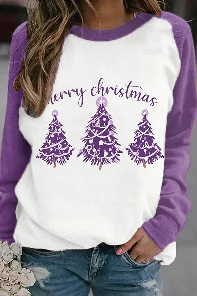 Purple Christmas Tree Print Casual Sweatshirt