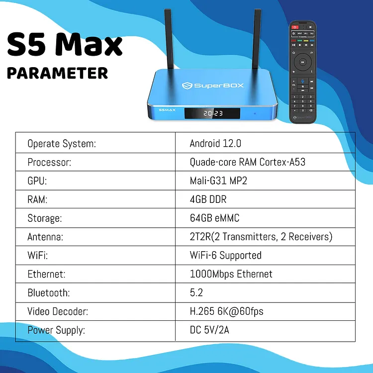 SuperBox S5MAX WiFi 6K Smart TV Box – 64GB Android, Ultra HD, Wi-Fi 6, Dolby Digital