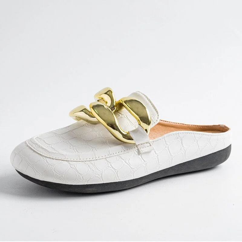 Summer Women Slipper Low Heels Casual Slides Flip Flop Round Toe New Arrival Brand Design Gold Chain Closed Slip On Shoes Mulles