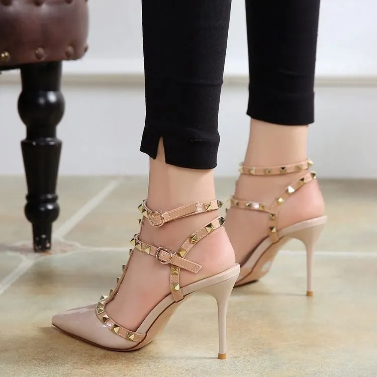 2020 New 10CM New High-heeled Shoes Female Pointed Stiletto Sexy Nightclub Word with Rivets Wild Sandals Female Summer
