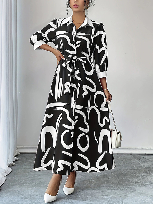 Fashion Printed Lapel Long Sleeve Midi Dress
