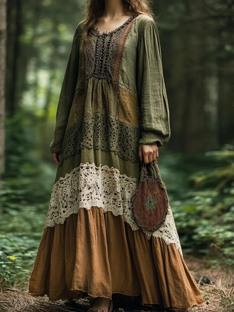Vintage Lace Patchwork Flowy Linen Maxi Dress