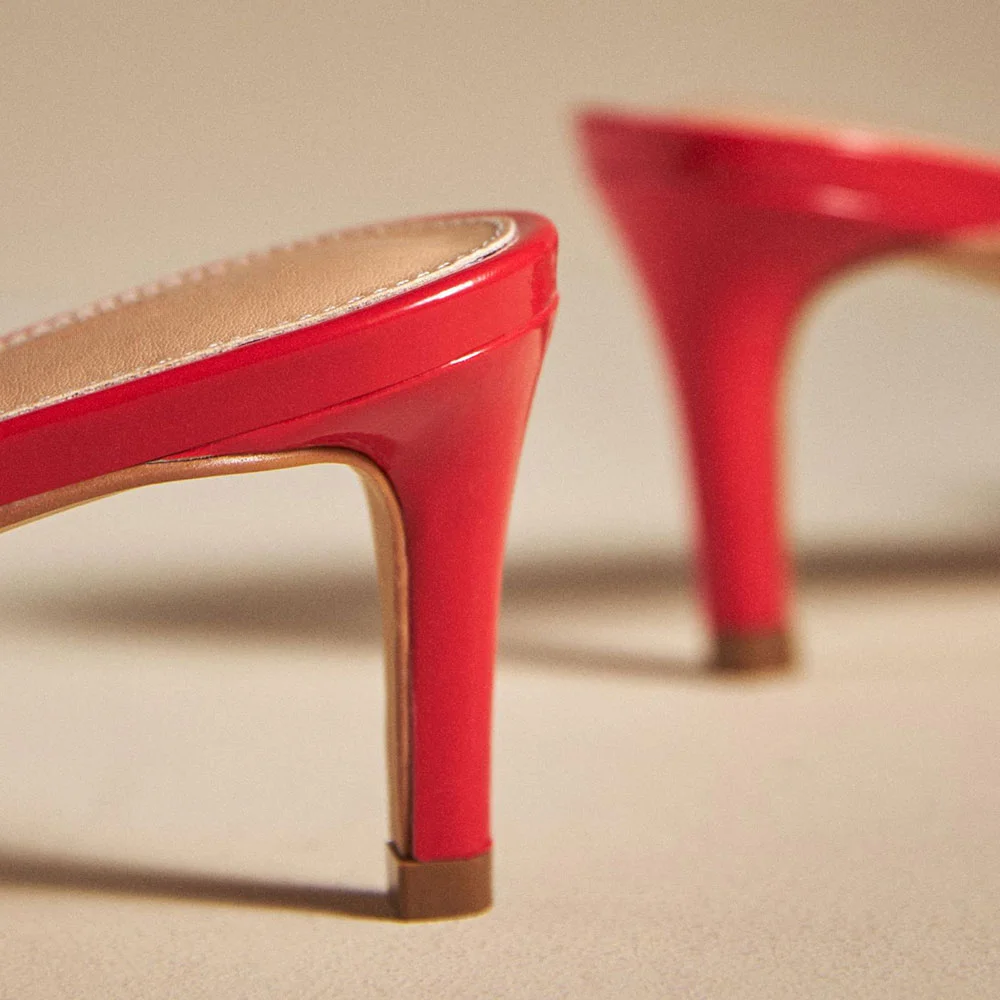 YDN Simple Red Patent Leather Open-Toe Kitten Heel Mules for Women