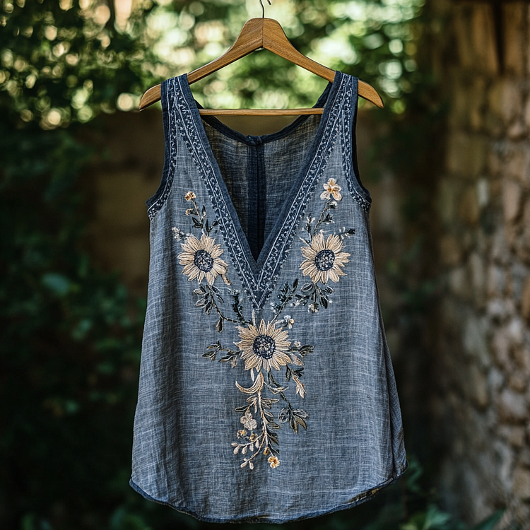 Utbros Vintage Ethnic Floral Embroidered Linen Tunic
